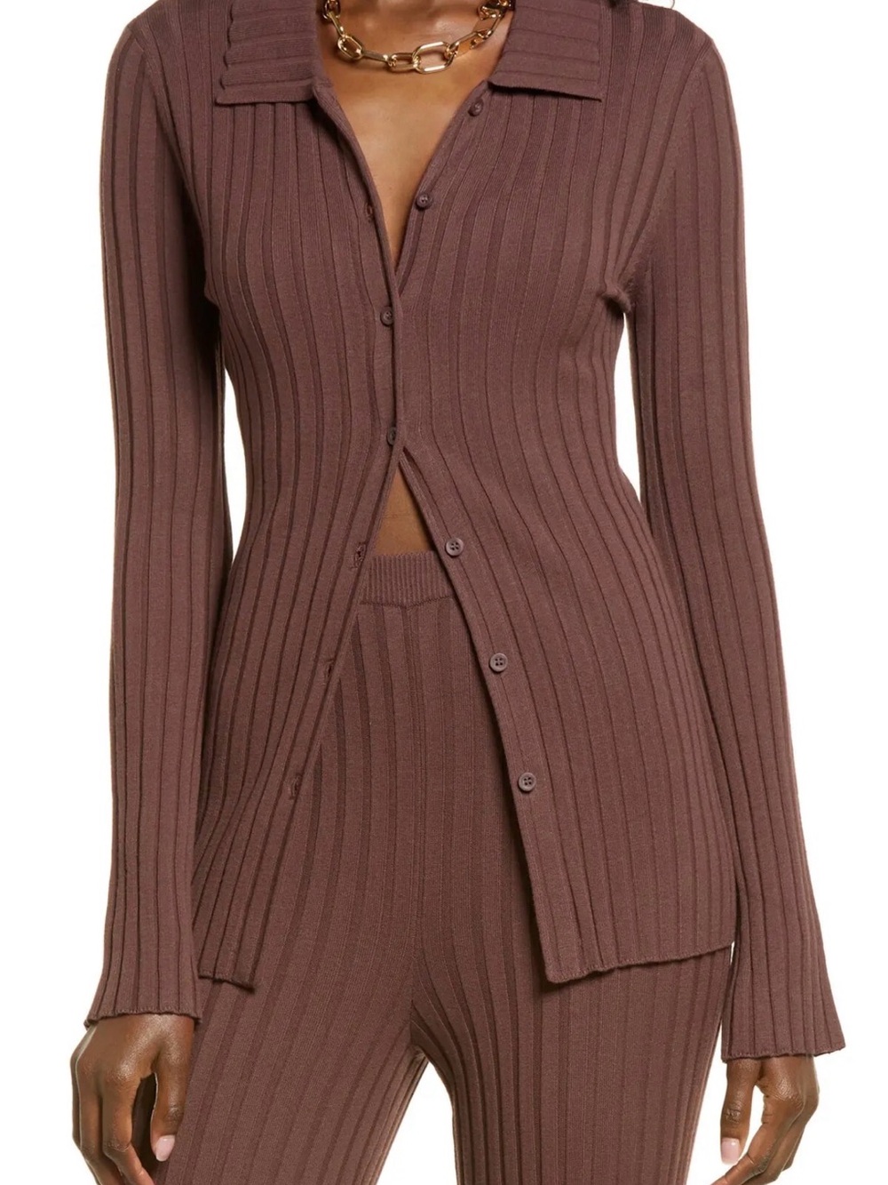OPEN EDIT Ribbed Button-Up Knit Top in Mauve Brown